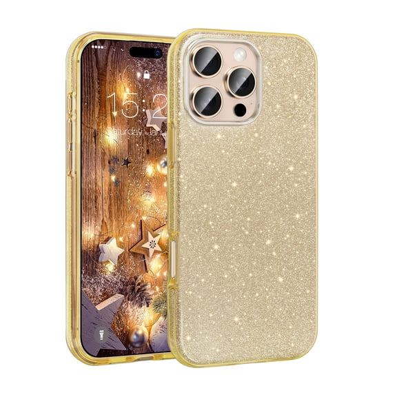 GALAPROX Bling Gillter Design for iPhone 16 Pro Case 6.3'' 2024, Stylish Sparkle Cover for Girls Women -Gold