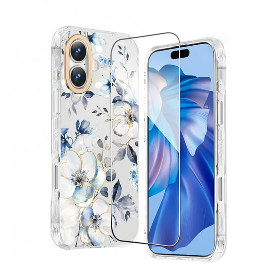 GALAPROX Flower Design for iPhone 16 Case 6.1'' 2024, Cute Floral with Screen Protector for Girls/Women
