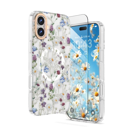 GALAPROX Flower Magnetic iPhone 16 Plus Case 6.7'' 2024, Cute Floral with Screen Protector for Girls/Women