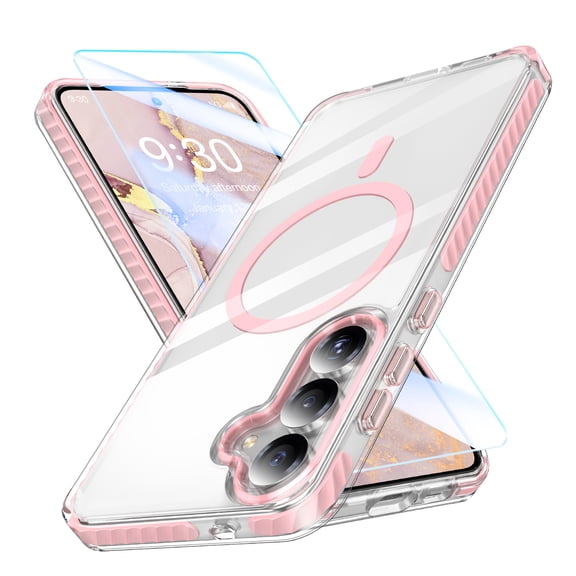 GALAPROX Magnetic Clear Compatible with Samsung Galaxy S25 Plus Case, Transparent Thin Slim Crystal Shockproof Bumper Cover with Screen Protector-Pink
