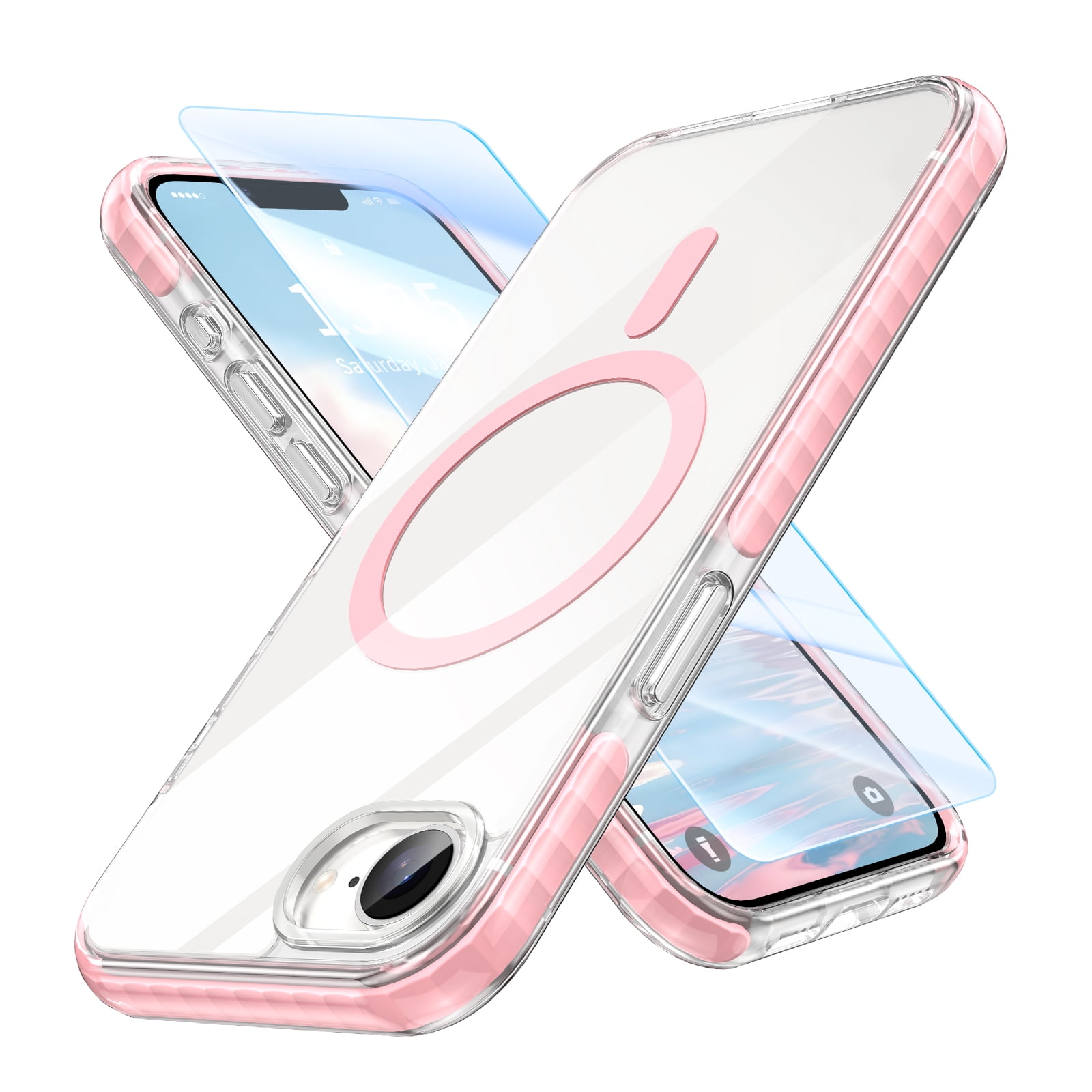 GALAPROX Magnetic Clear Compatible with iPhone 16e Case 6.1" [2025][Compatible with MagSafe]Anti-Slip Protective Wave Bumpers Cover with Screen Protector-Pink