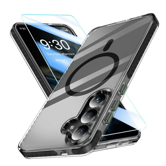 GALAPROX Magnetic Clear Compatible with Samsung Galaxy S25 Case, Transparent Thin Slim Crystal Shockproof Bumper Cover with Screen Protector-Black