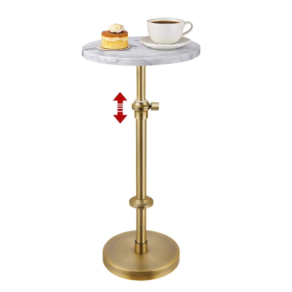 GALAPROX Natural Marble Drink End Table, Adjustable Height Antique Brass Mid Century Metal Stand Round Side Table for Living Room, Bedroom, 10"W x 10"D x 22-30"H