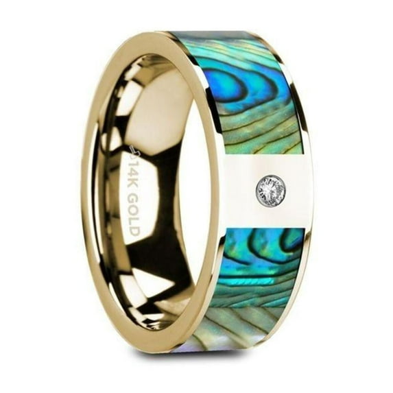 GALATEA Flat 14K Yellow Gold with Mother of Pearl Inlay & White Diamond Setting - 8mm - Size 9.5