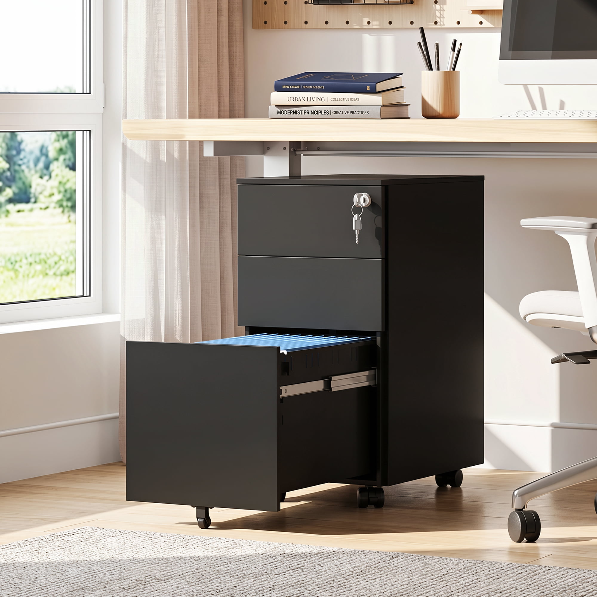 GALAXHERO 3-Drawer File Cabinet, Vertical Metal Filing Cabinet with Lock, Mobile Office Cabinet with Drawers for Home Office, Legal,Letter, A4-Size Files, Black