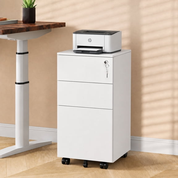GALAXHERO 3-Drawer File Cabinet(No Assembly), Vertical Metal Filing Cabinet with Lock, Mobile Office Cabinet with Drawers for Home Office, Legal,Letter, A4-Size Files, White