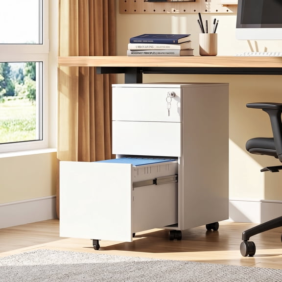 GALAXHERO 3-Drawer File Cabinet(No Assembly), Vertical Metal Filing Cabinet with Lock, Mobile Office Cabinet with Drawers for Home Office, Legal,Letter, A4-Size Files, White