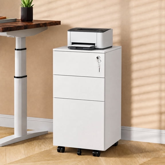 GALAXHERO 3 Drawer File Cabinet, Fully Assembled Except Casters, Metal Under Desk Cabinet with Lock, Rolling Filing Cabinet for Home Office, Legal/Letter Size, White