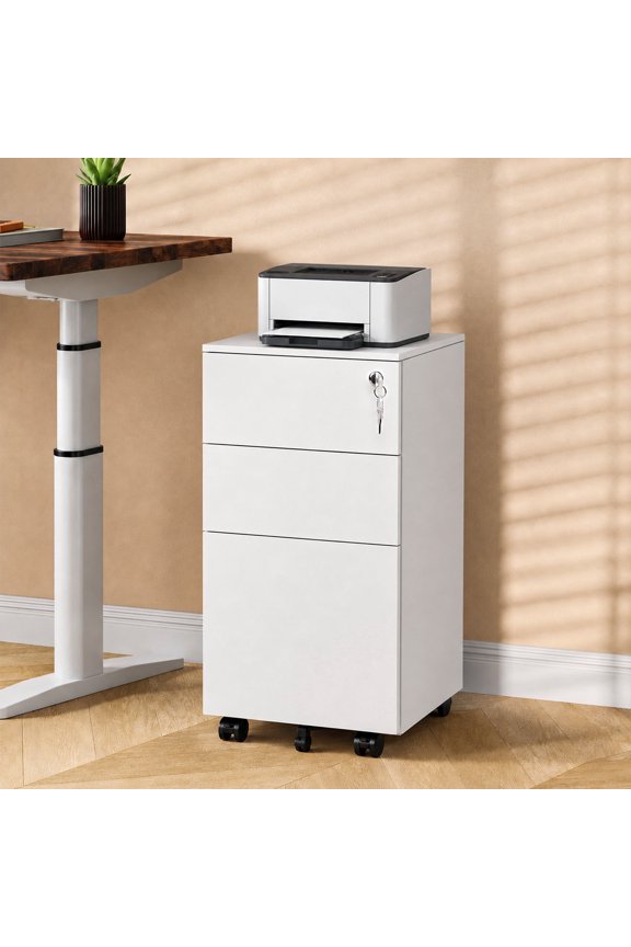 3 Drawer File Cabinet, Fully Assembled Except Casters, Metal Under Desk Cabinet with Lock, Rolling Filing Cabinet for Home Office, Legal/Letter Size, White