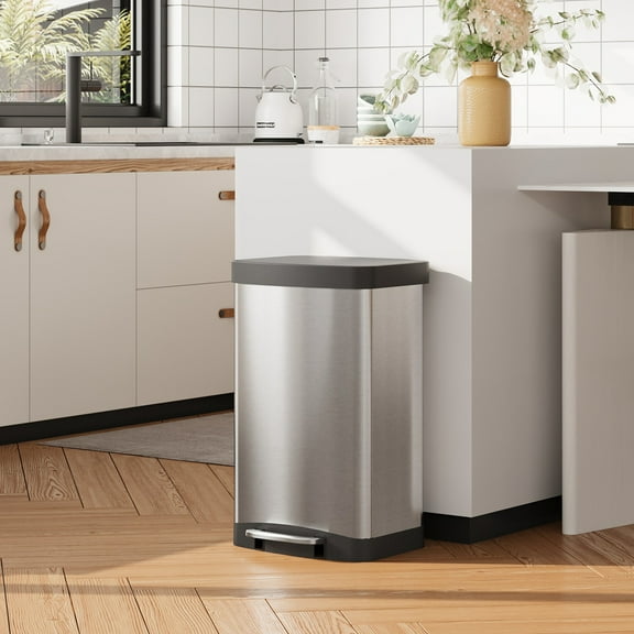 GALAXHERO 14.5 Gallon Step Trash Cans with Soft-Close Lid, Fingerprint-Proof Garbage Can for Home, Office, Silver