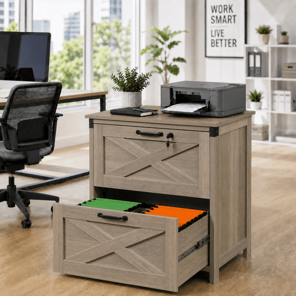 GALAXHERO 2 Drawer Lateral File Cabinet with Lock, Farmhouse Wood Filing Cabinet for Home Office, Fits Letter/Legal/A4, Printer Stand, Gray Oak