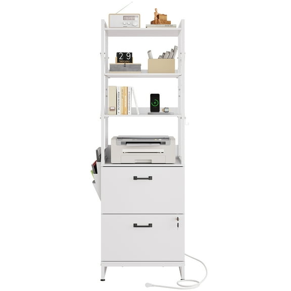 GALAXHERO 2 Drawer File Cabinet with Charging Station, Tall Vertical Filling Cabinet with Lock, Fits Letter/A4/Legal Size, Printer Stand & Adjustable Shelves for Home Office, White