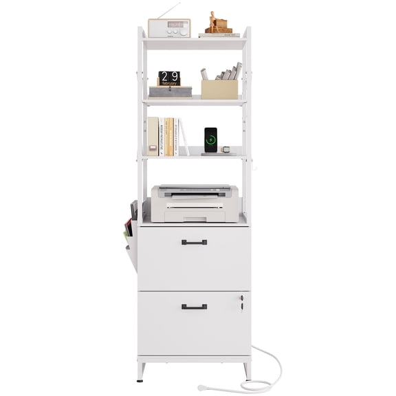 GALAXHERO 2 Drawer File Cabinet with Charging Station, Tall Vertical Filling Cabinet with Lock, Fits Letter/A4/Legal Size, Printer Stand & Adjustable Shelves for Home Office, White