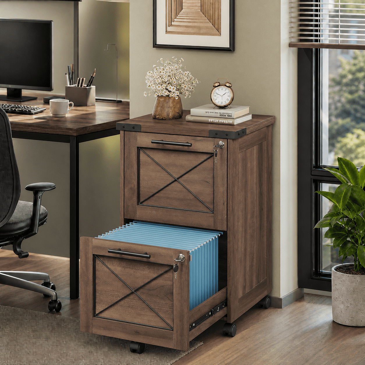 GALAXHERO 2 Drawer File Cabinet with Lock, Under Desk Filing Cabinets, Mobile Printer Stand for Home Office, Wood Storage Organizer Fit Letter/A4 Size, Dark Brown
