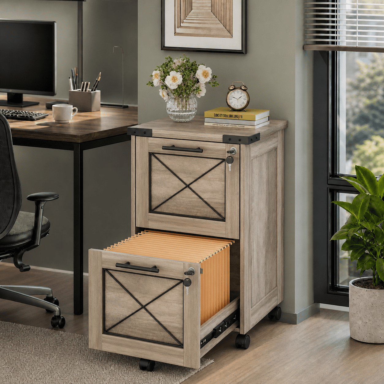 GALAXHERO 2 Drawer File Cabinet with Lock, Under Desk Filing Cabinets, Mobile Printer Stand for Home Office, Wood Storage Organizer Fit Letter/A4 Size, Gray Oak