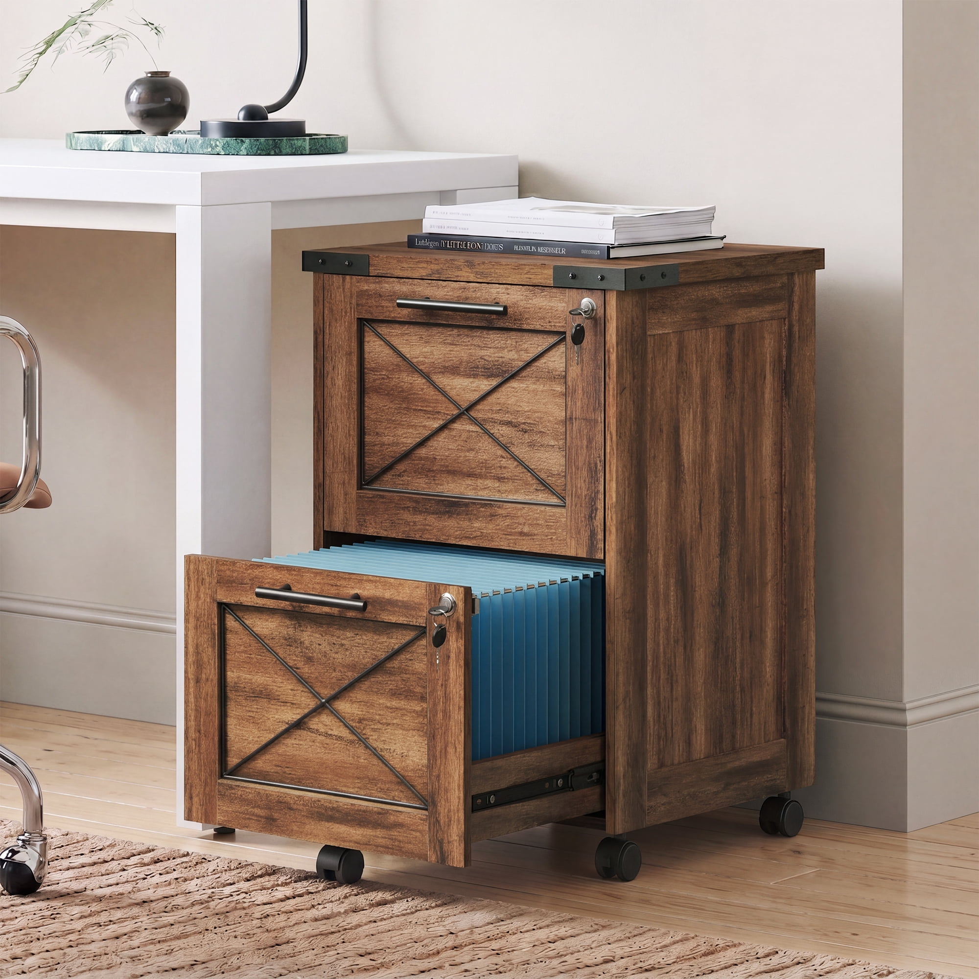 GALAXHERO 2 Drawer File Cabinet with Lock, Under Desk Filing Cabinets, Mobile Printer Stand for Home Office, Wood Storage Organizer Fit Letter/A4 Size, Oak