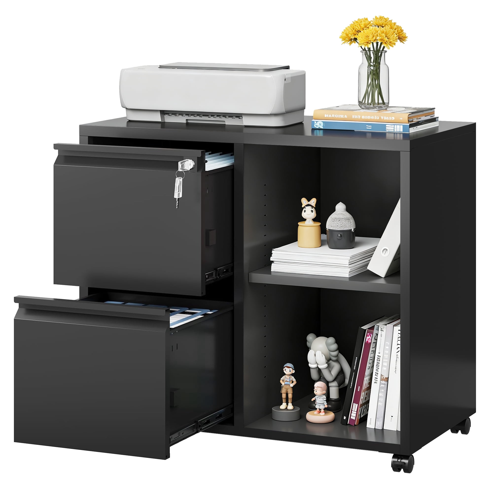 GALAXHERO 2 Drawer File Cabinet with Lock, Metal Filing Cabinet for Home Office, Rolling Printer Stand with Adjustable Shelf, Fit Letter/A4/Legal Size Files, Black