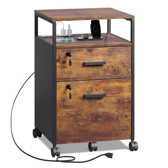 GALAXHERO 2-Drawer Filing Cabinet with Lock and Charging Station, Wood File Cabinet for Letter/A4 Size, Mobile Printer Stand with Open Storage Shelf for Home Office, Rustic Brown