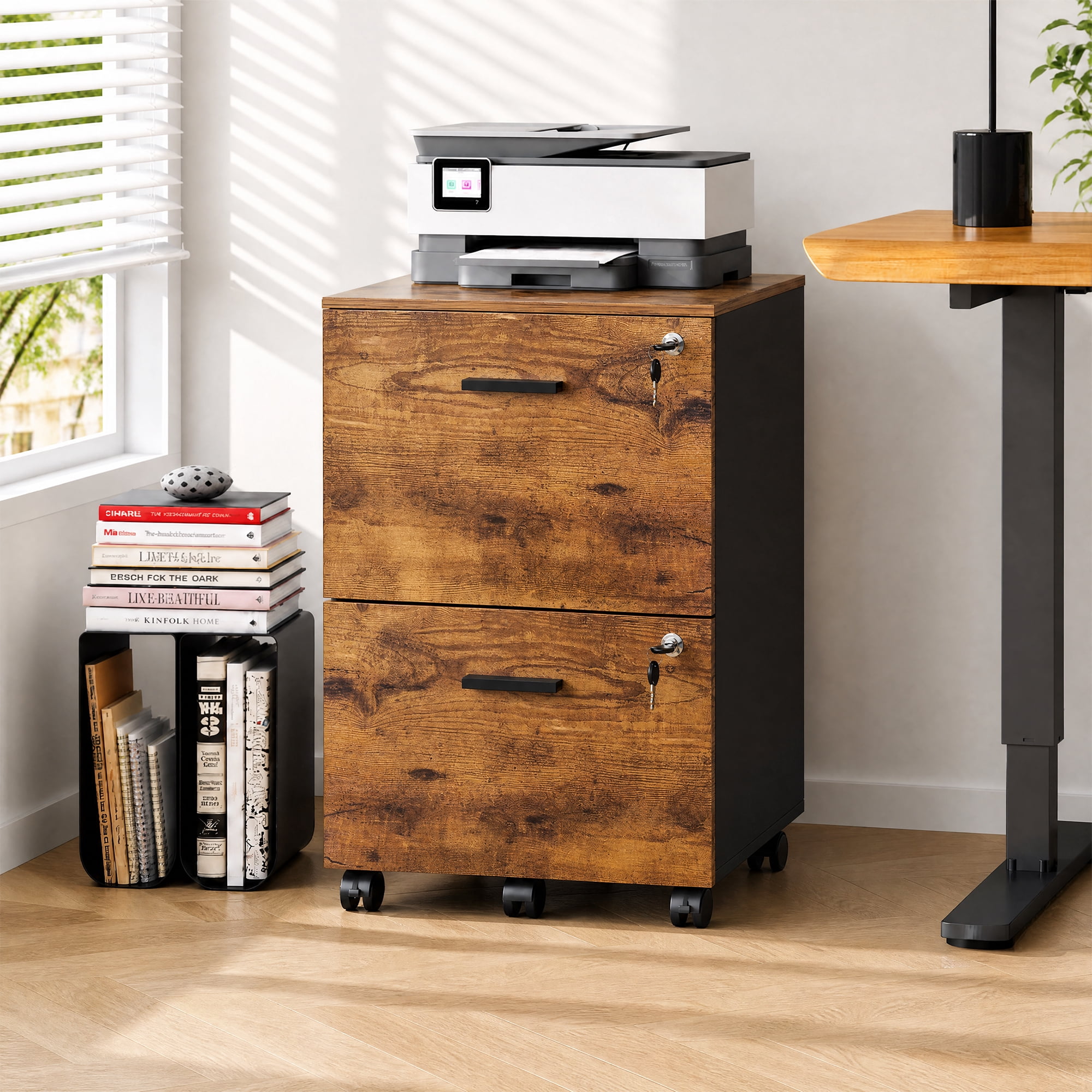 GALAXHERO 2 Drawer Filing Cabinet with Lock, Wooden Printer Stand with Storage for Home Office, Mobile Locking file Cabinet Fits Letter/A4 Hanging Files, Rustic Brown