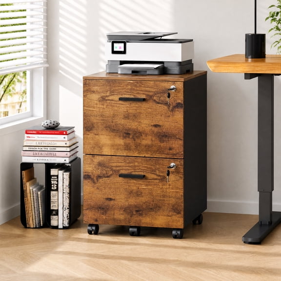 GALAXHERO 2 Drawer Filing Cabinet with Lock, Wooden Printer Stand with Storage for Home Office, Mobile Locking file Cabinet Fits Letter/A4 Hanging Files, Rustic Brown