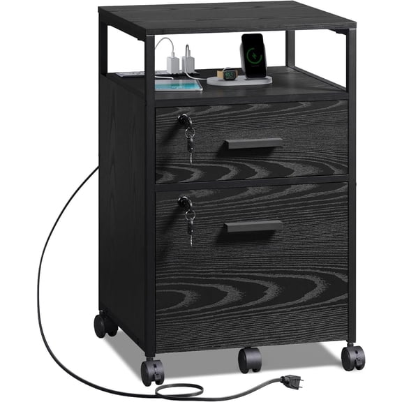 GALAXHERO 2-Drawer Filing Cabinet with Lock and Charging Station, Wood File Cabinet for Letter/A4 Size, Mobile Printer Stand with Open Storage Shelf for Home Office, Black