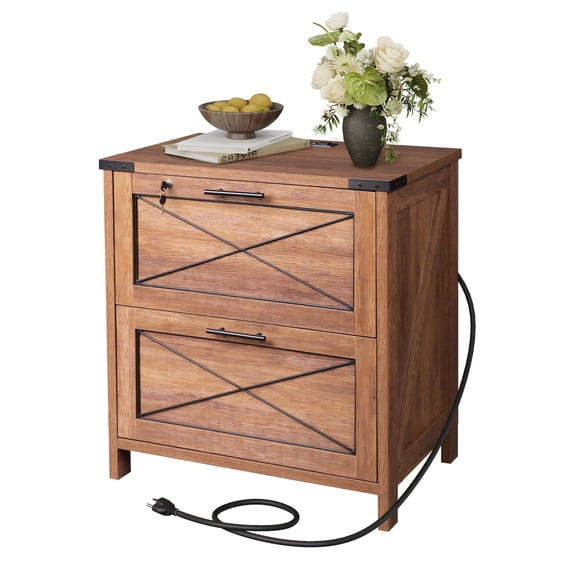 GALAXHERO 2 Drawer Locking File Cabinet, Lateral Filing Cabinets with Charging Station, Wood Printer Stand for Home Office, Storage Organizer Fit A4/Letter/Legal Hanging Files, Oak