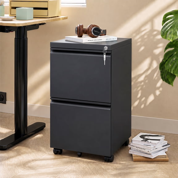 GALAXHERO 2 Drawer Metal File Cabinet with Lock, Fully Assembled Except Casters, Rolling Filing Cabinet for Home Office, Legal/Letter Size, Black
