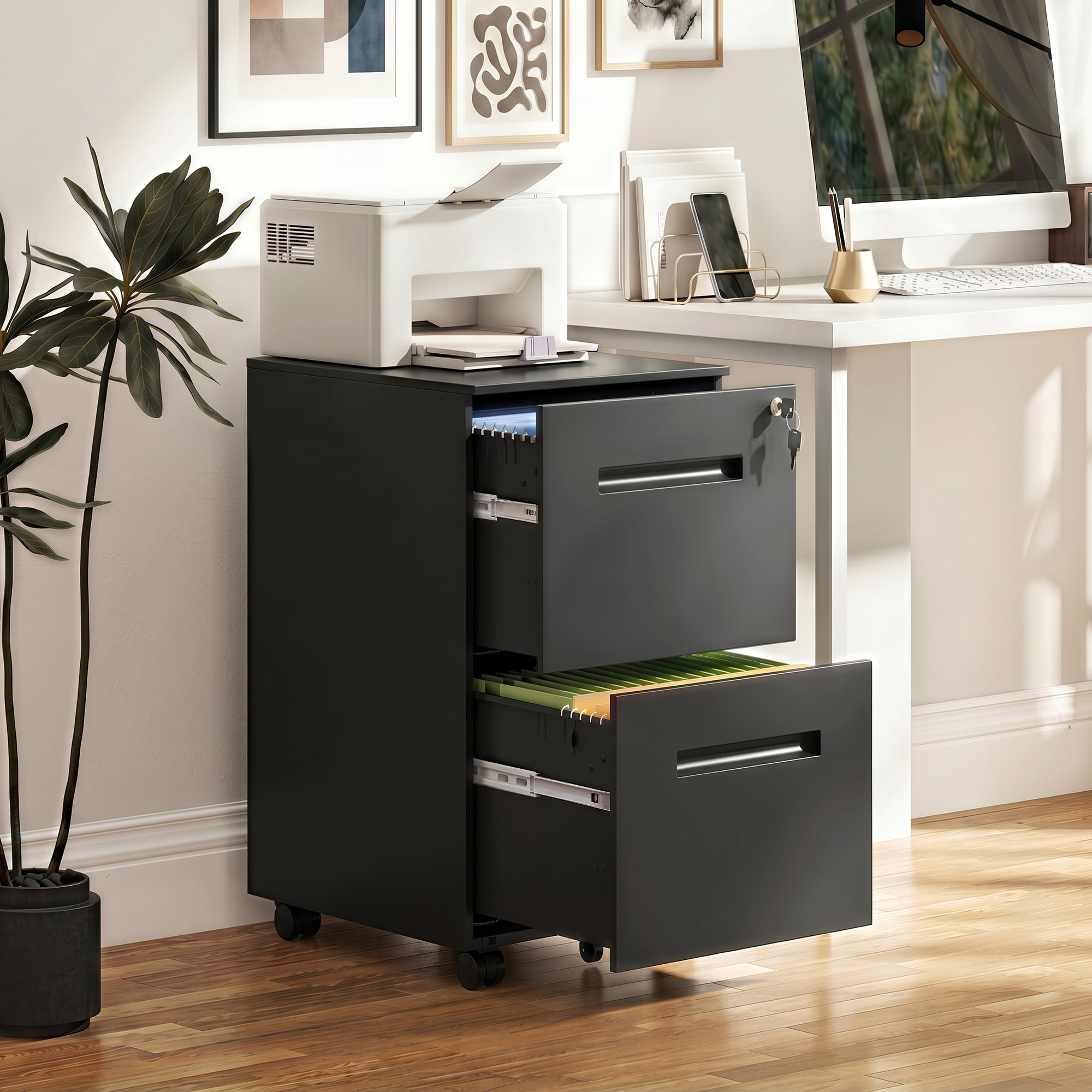 GALAXHERO 2 Drawer Metal File Cabinet, Under Desk, Fully Assembled, Black, Lock, Fits Letter/Legal/A4 Size Files