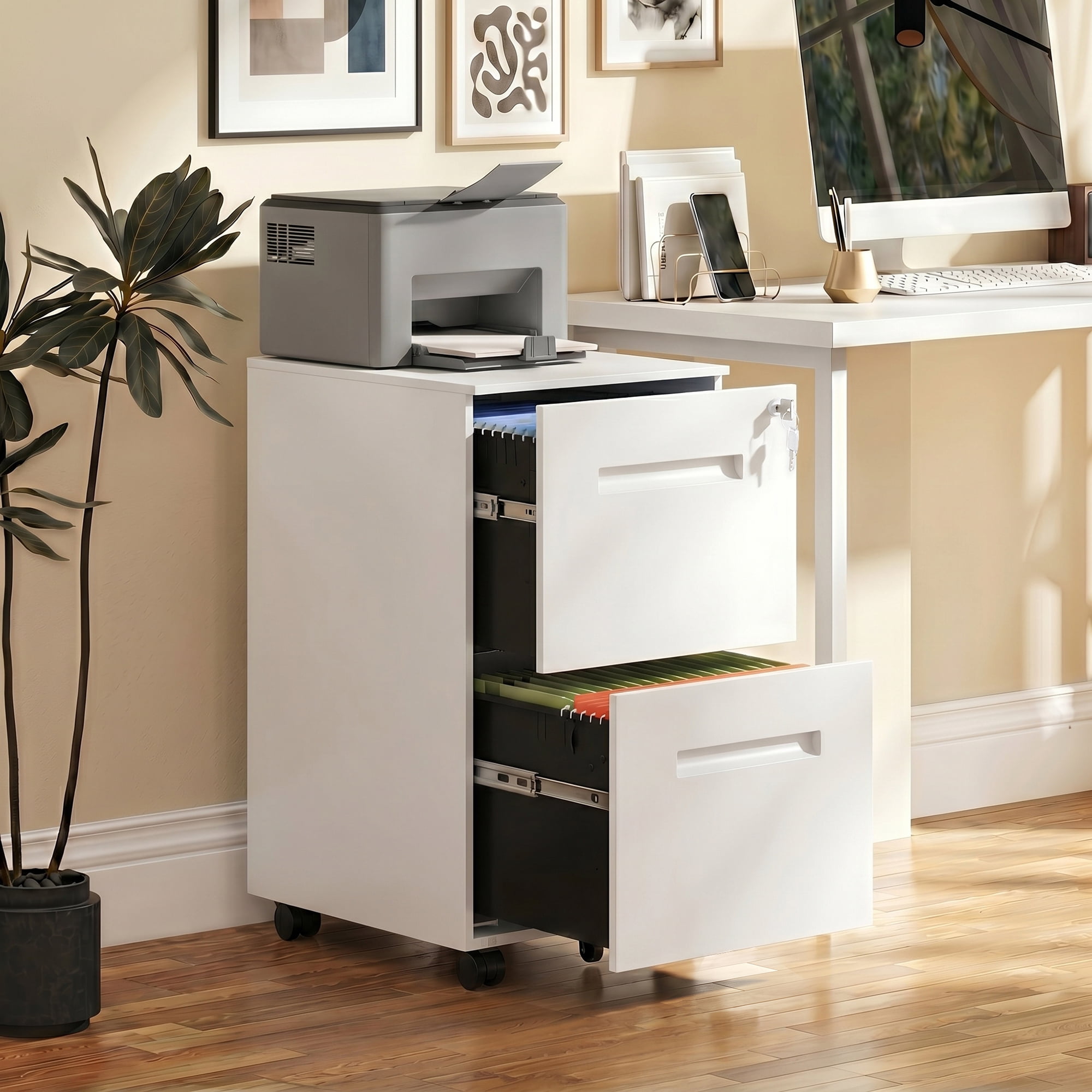 GALAXHERO 2 Drawer Mobile File Cabinet with Lock, Commercial Vertical Filing Cabinet for Home Office, White