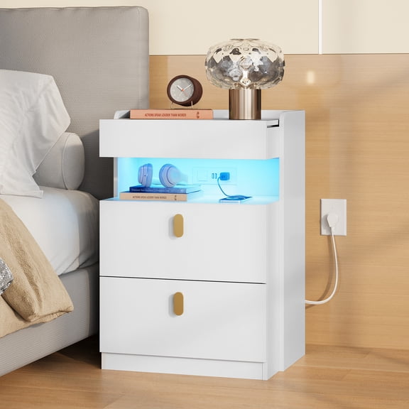GALAXHERO 2-Drawer Nightstand with Charging Station and LED Lights, White Modern Tall Bedside Table with Sliding Top and Gold Handles, Wood End Table for Bedroom & Living Room
