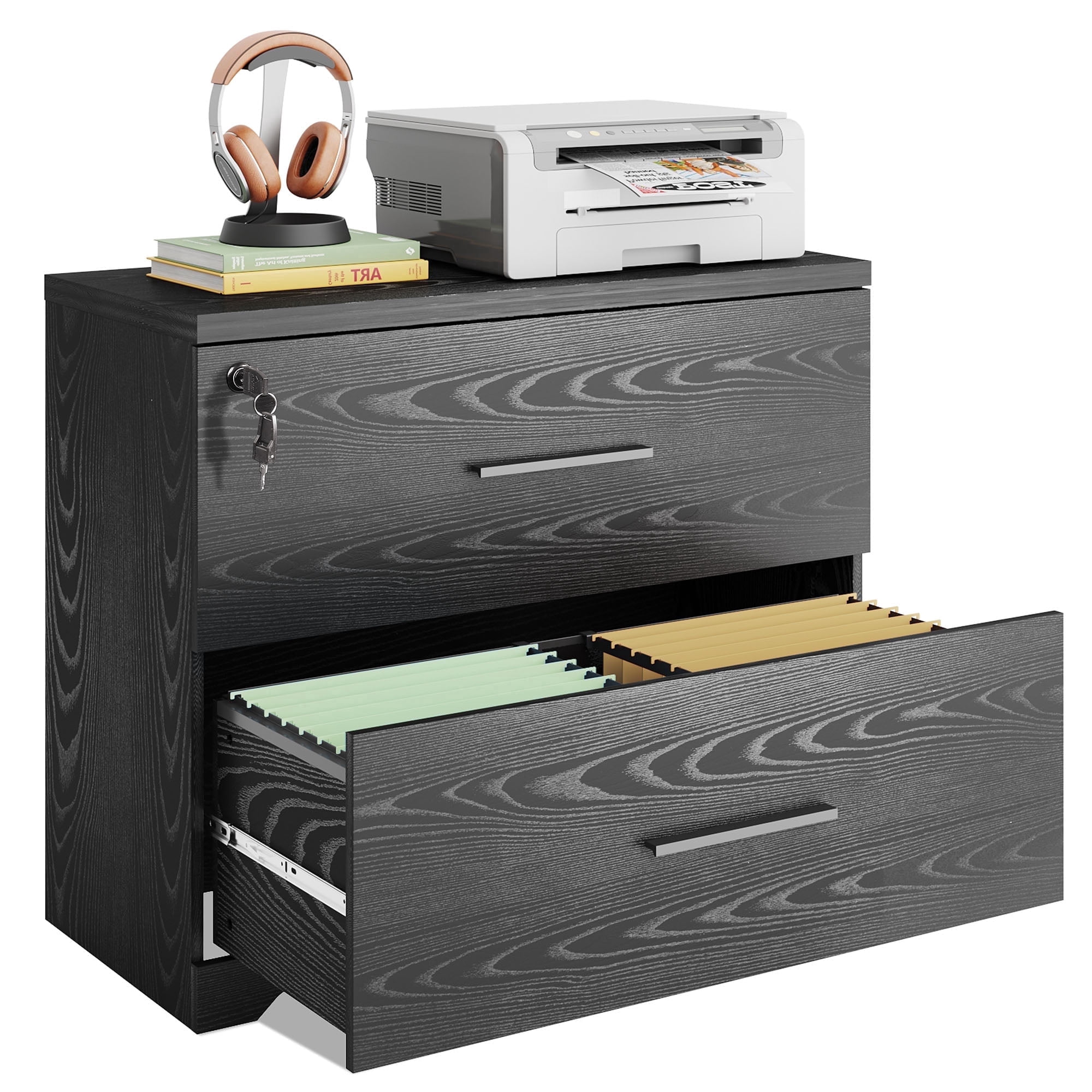 GALAXHERO 2 Drawer File Cabinets Wood Lateral Filing Cabinets with Lock for Home Office, Black