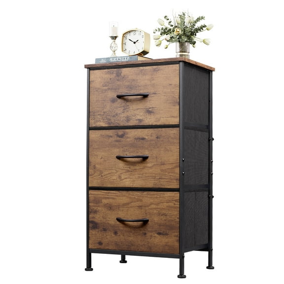 GALAXHERO 3 Drawer Dresser, Fabric Nightstand & Storage Organizer for Bedroom, Hallway, Entryway & Closets, Sturdy Steel Frame with Wood Top, Rustic Brown Wood Grain Print