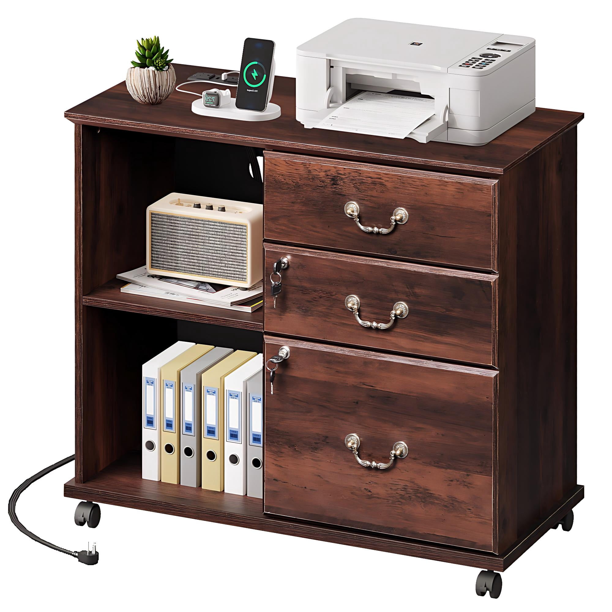 GALAXHERO 3 Drawer File Cabinet with Charging Station, Wood Lateral Filing Cabinet with Lock, Rolling Printer Stand with Storage for Home Office, Brown Oak