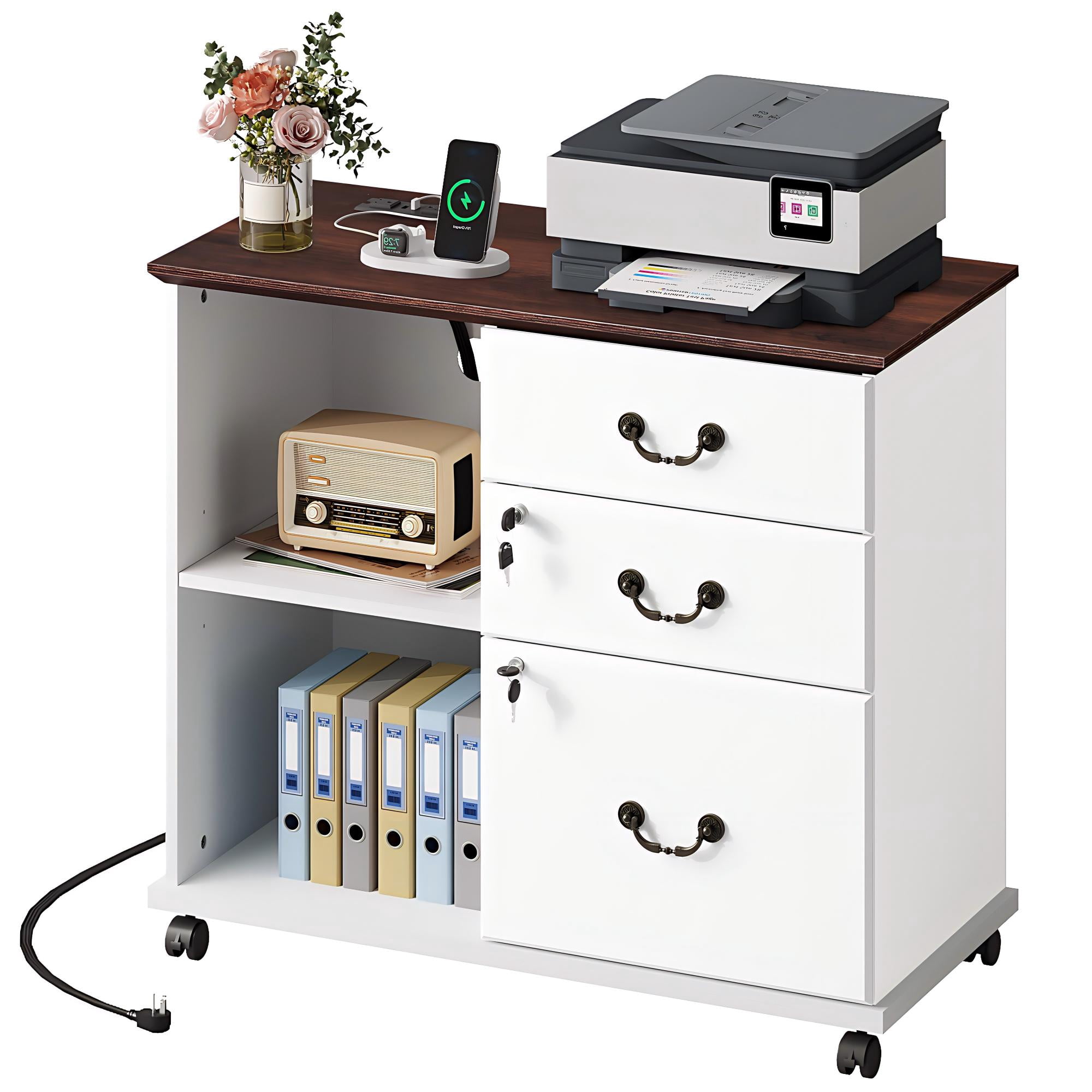 GALAXHERO 3 Drawer File Cabinet, Wood Lateral Filing Cabinet with Lock & Charging Station, Rolling Printer Stand with Storage for Home Office, White