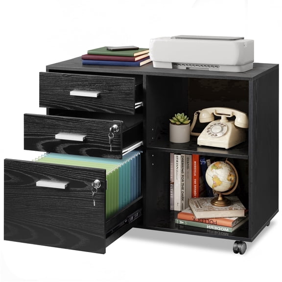 GALAXHERO 3-Drawer File Cabinet with Lock and Key, Mobile Wood Lateral Filing Cabinet & Printer Stand with Open Shelves for Home Office, Black