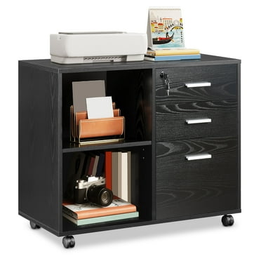 GALAXHERO 3-Drawer Locking File Cabinet, Mobile Lateral Filing Cabinet, Printer Stand with Open Storage Shelves for Home Office, Black
