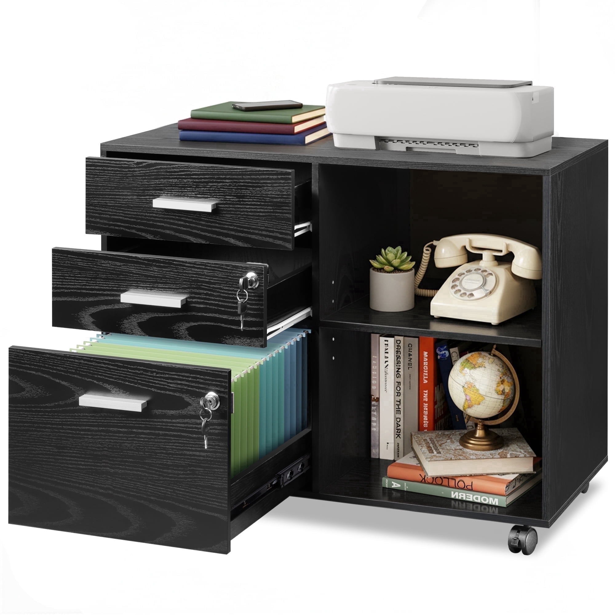 GALAXHERO 3-Drawer File Cabinet with Lock and Key, Mobile Wood Lateral Filing Cabinet & Printer Stand with Open Shelves for Home Office, Black