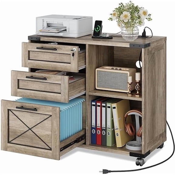 GALAXHERO 3-Drawer Locking File Cabinet, Wood Filing Cabinets with Charging Station, Rolling Printer Stand for Home Office, Gray Oak