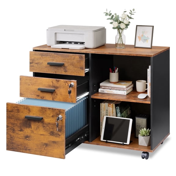 GALAXHERO 3-Drawer Locking Wood File Cabinet, Mobile Lateral Filing Cabinet, Printer Stand with Open Storage Shelves for Home Office, Rustic Brown