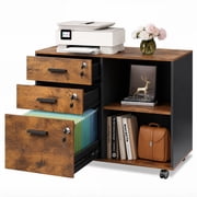 GALAXHERO 3 Drawer File Cabinet with Lock and Key, Mobile Lateral Office Cabinet, Printer Stand with Open Shelves for Home Office, Rustic Brown