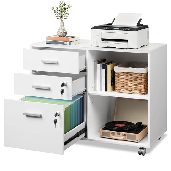 GALAXHERO 3-Drawer File Cabinet with Lock and Key, Mobile Wood Lateral Filing Cabinet & Printer Stand with Open Shelves for Home Office, White