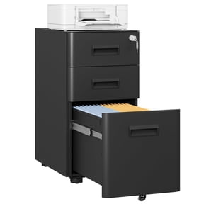 GALAXHERO 3 Drawer Metal File Cabinet with Lock, Mobile Filing Cabinet on Wheels for Home Office, Fully Assembled, Rounded Corners, Fit Legal/Letter/A4 Size, Black