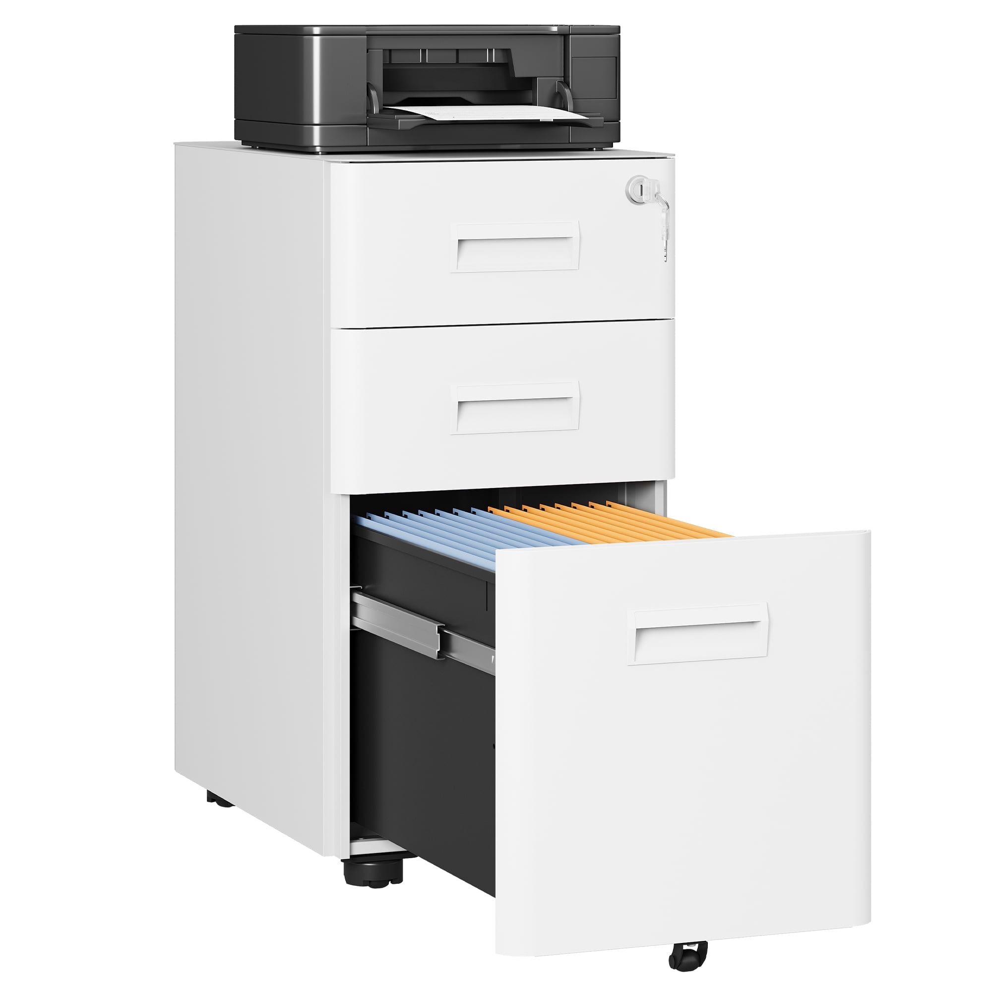 GALAXHERO 3 Drawer Metal File Cabinet with Lock, Mobile Filing Cabinet on Wheels for Home Office, Fully Assembled, Rounded Corners, Fit Legal/Letter/A4 Size, White