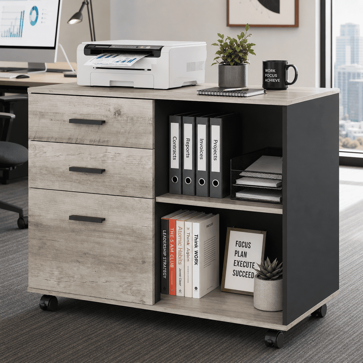 GALAXHERO 3-Drawer Filing Cabinet, Mobile Lateral File Cabinet, Printer Stand with Open Shelves, Wood Office Cabinet,Greige