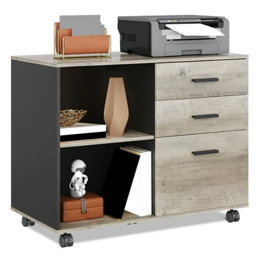 GALAXHERO 3-Drawer Mobile File Cabinet, Wood Lateral Filing Cabinet with Open Shelves, Printer Stand for Home Office Organization, Greige