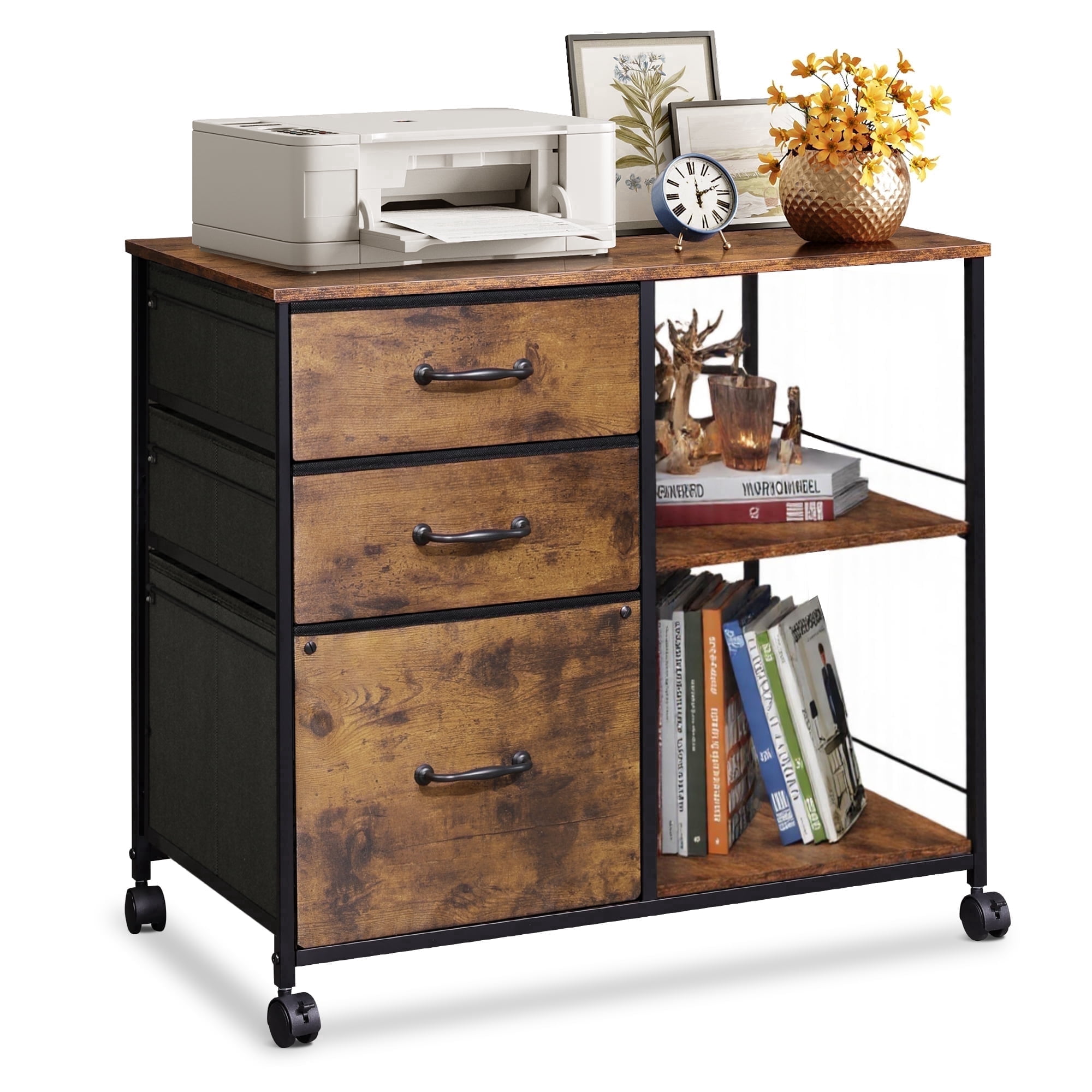 GALAXHERO 3 Drawer File Cabinet, Rolling Printer Stand with Storage, Lateral Fabric Filing Cabinet for Home Office, Rustic Brown Wood Grain, Fits Letter/A4