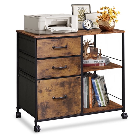 GALAXHERO 3 Drawer File Cabinet, Rolling Printer Stand with Storage, Lateral Fabric Filing Cabinet for Home Office, Rustic Brown Wood Grain, Fits Letter/A4
