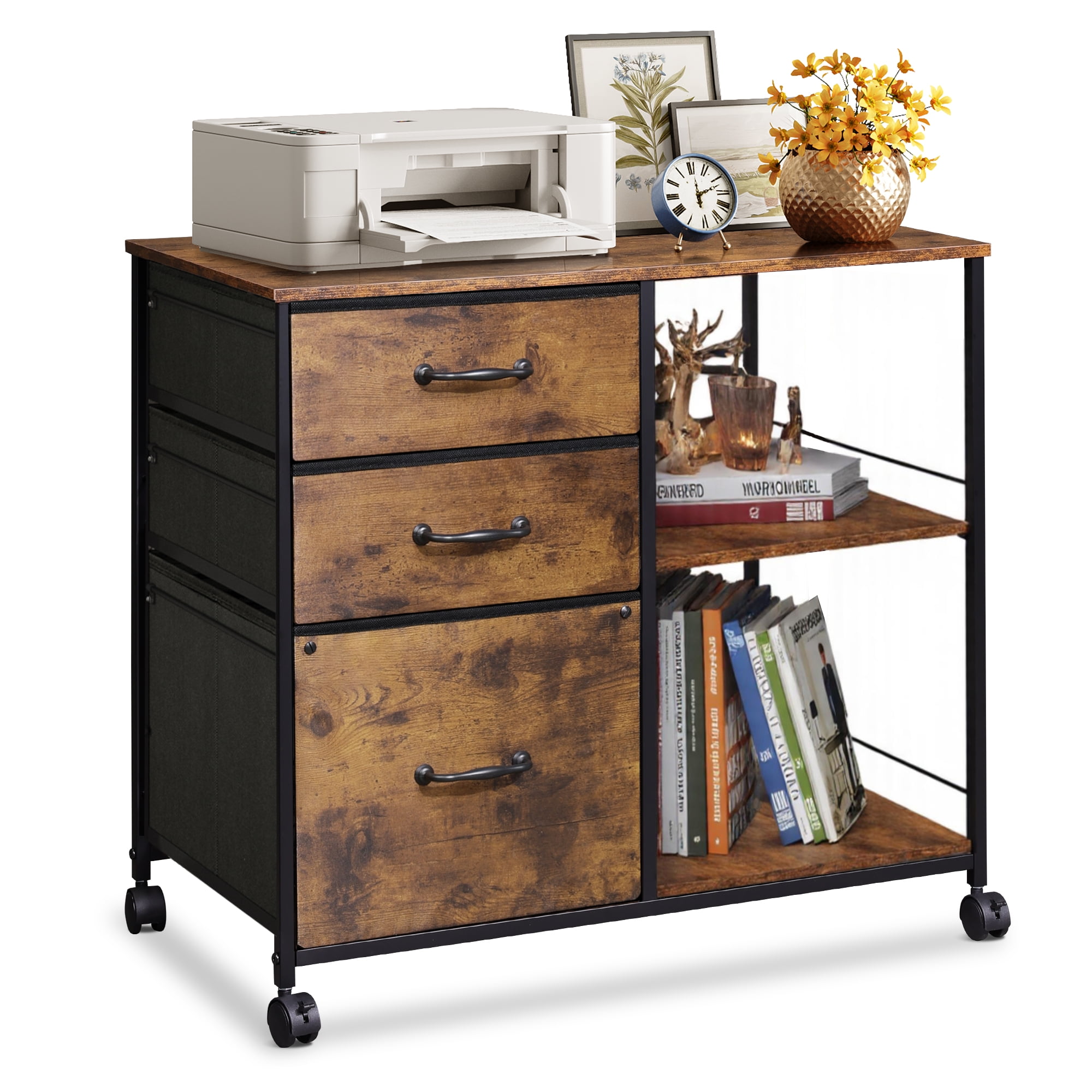 The Coupon deal of  GALAXHERO 3 Drawer Mobile Filing Cabinet with Open Storage Shelf, Rolling Fabric Lateral File Cabinet and Printer Stand for Home Office, Rustic Brown Wood Grain, Fits A4/Letter Size