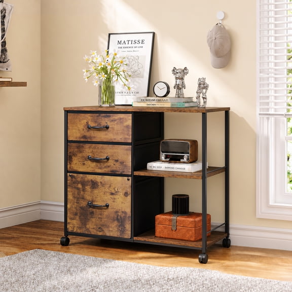 GALAXHERO 3 Drawer File Cabinet, Rolling Printer Stand with Storage, Lateral Fabric Filing Cabinet for Home Office, Rustic Brown Wood Grain, Fits Letter/A4