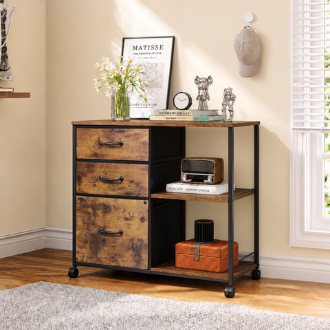 GALAXHERO 3 Drawer File Cabinet, Rolling Printer Stand with Storage, Lateral Fabric Filing Cabinet for Home Office, Rustic Brown Wood Grain, Fits Letter/A4